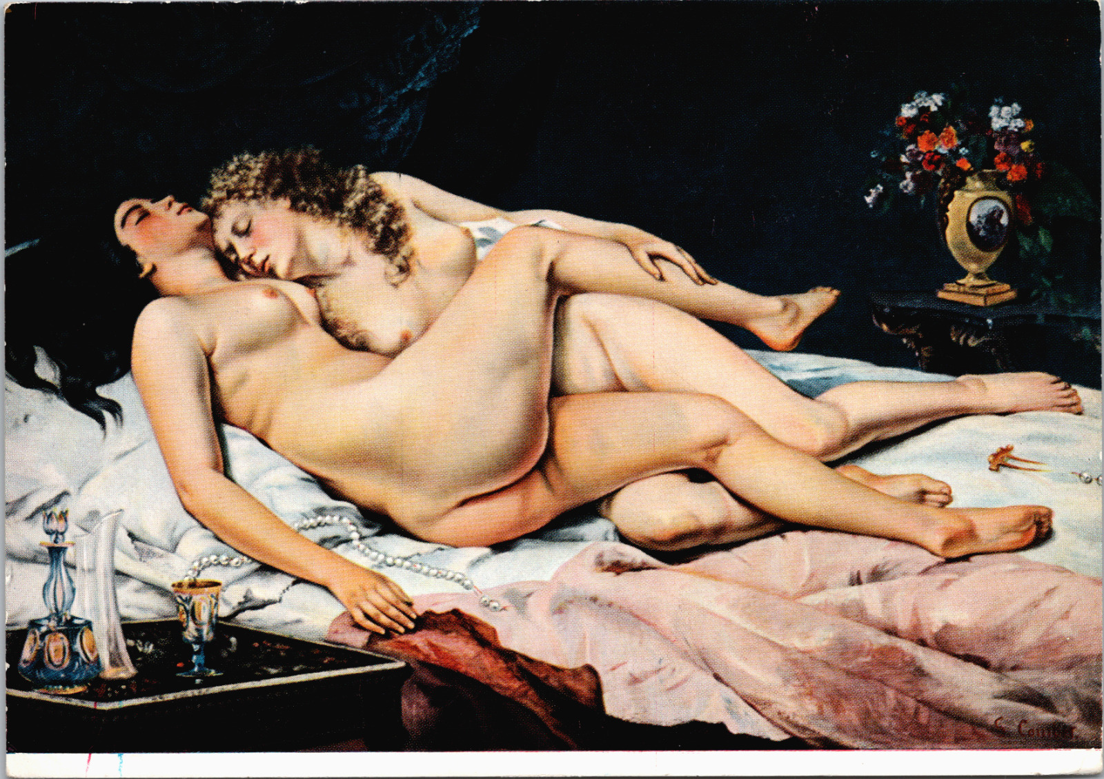 1866 Young Nude Lesbian Couple Sleeping Bed Gustave Courbet Art Postcard UNP