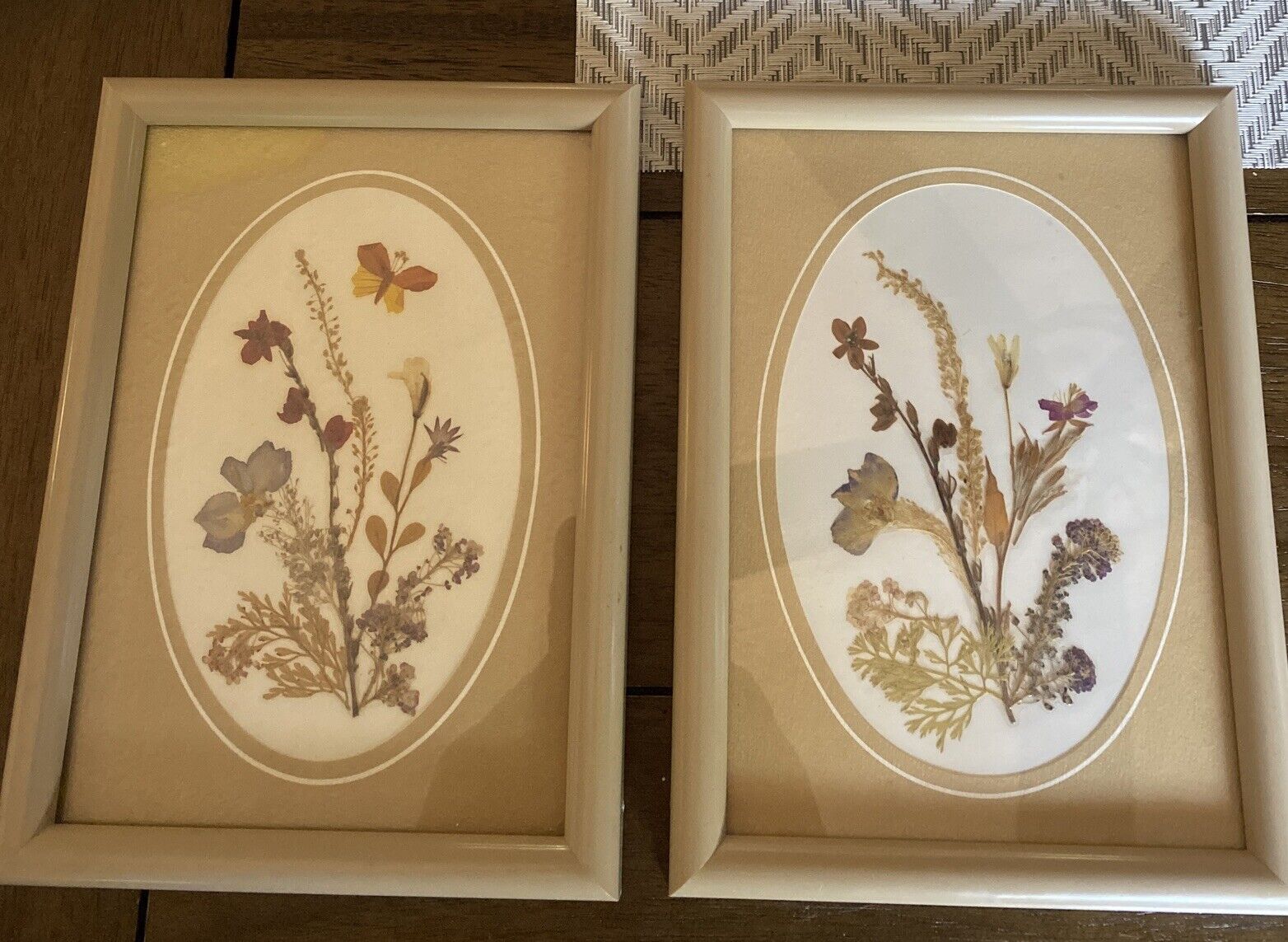 Vintage Set Pair Framed Wall Art Dried Floral Flowers Figi Natural Colors 5x7in