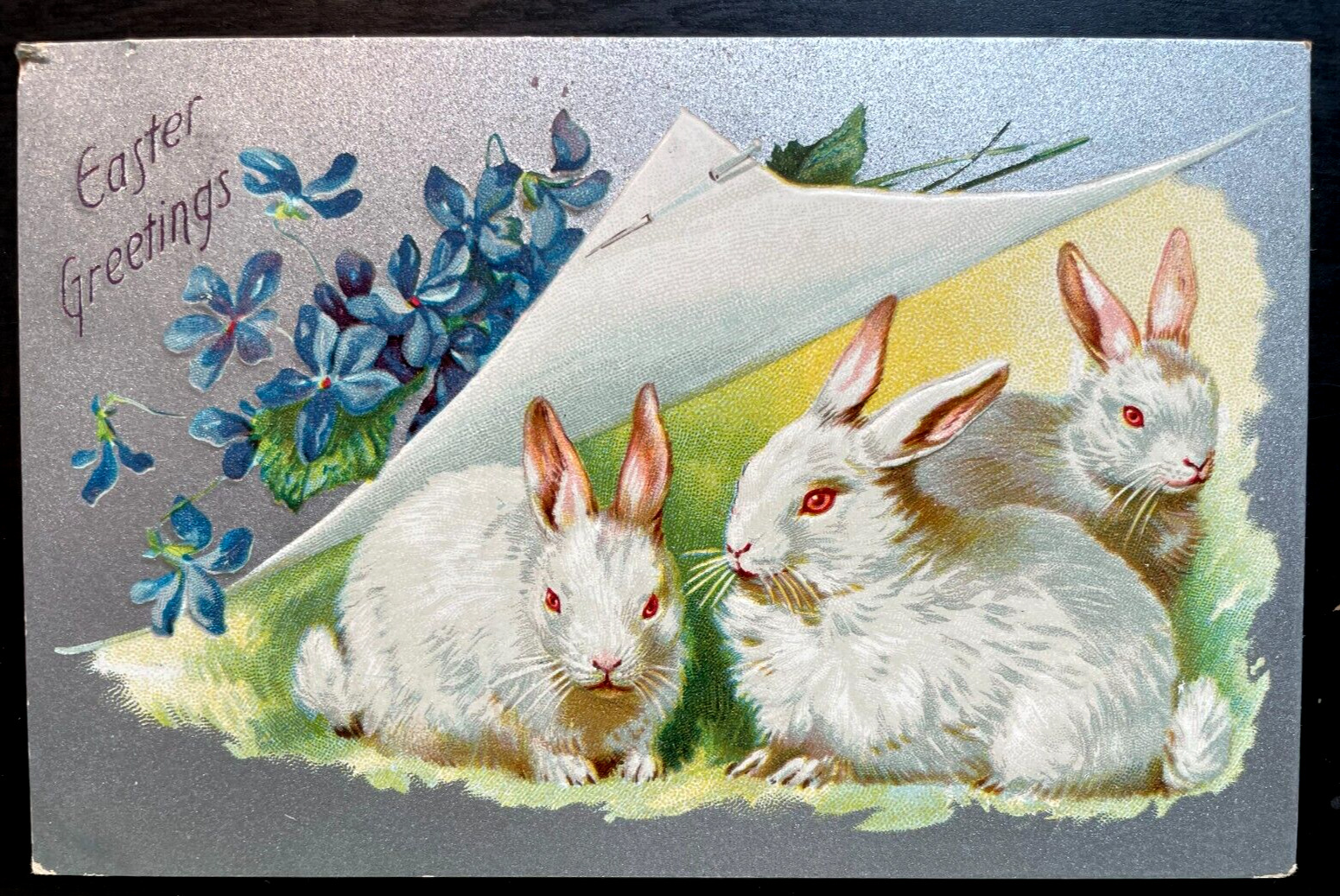 Vintage Victorian Postcard 1910 Easter Greetings - Three White Rabbits