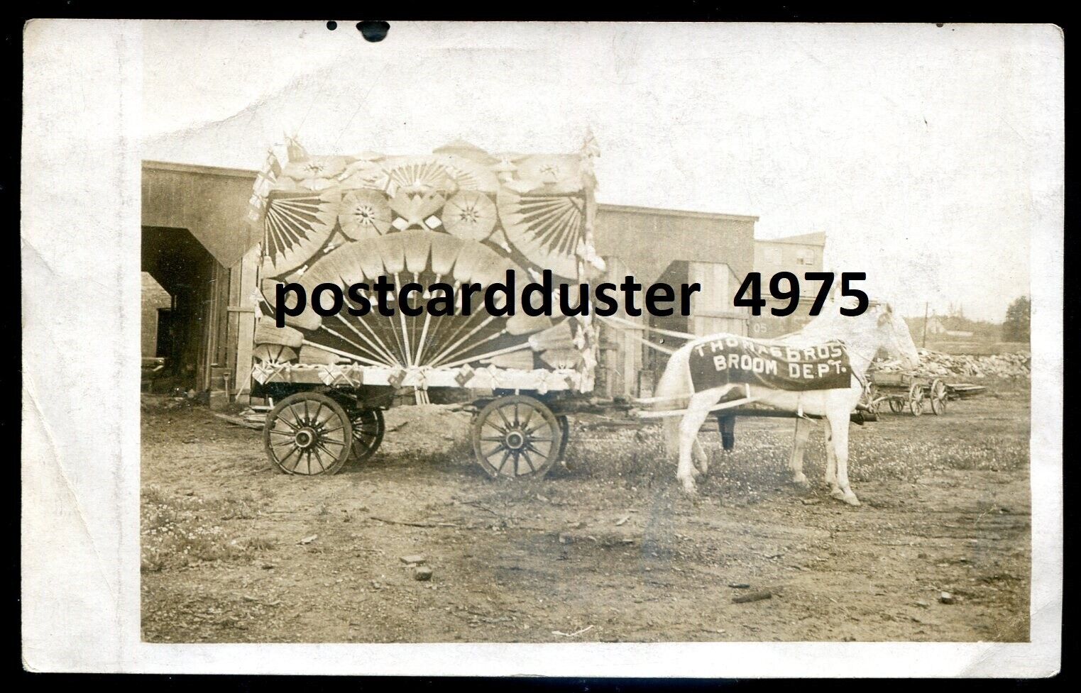 NORWICH Ont 1910s Thomas Bros. Broom Factory Float Horses. Real Photo Postcard