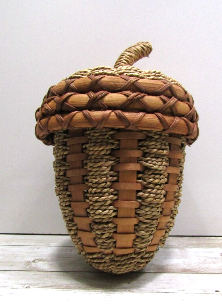 Vintage Large Hand Woven Rustic Fall ACORN Shape Storage Box Brown