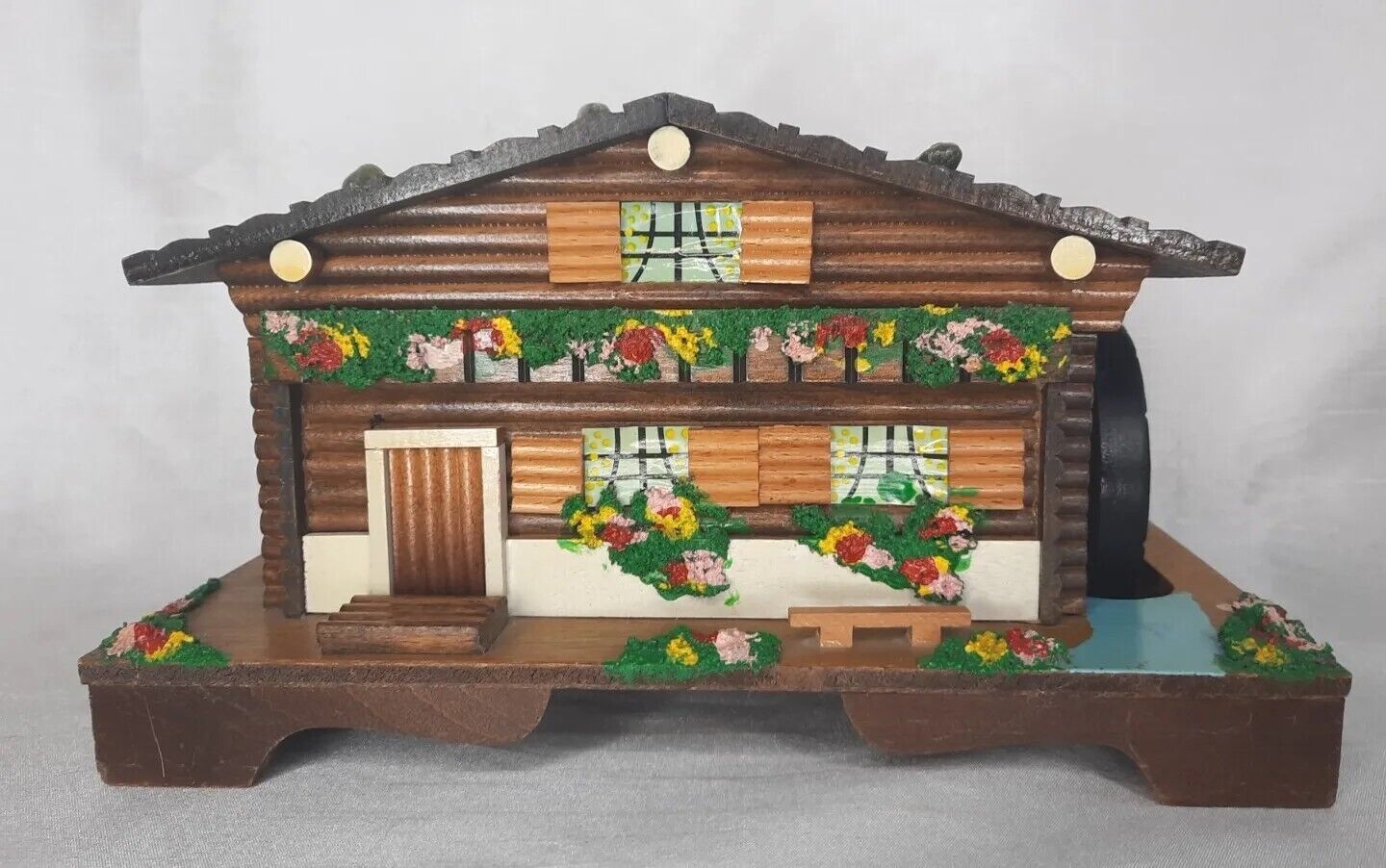Vintage Wooden Swiss Cabin Chalet Music Box Plays Somewhere My Love.
