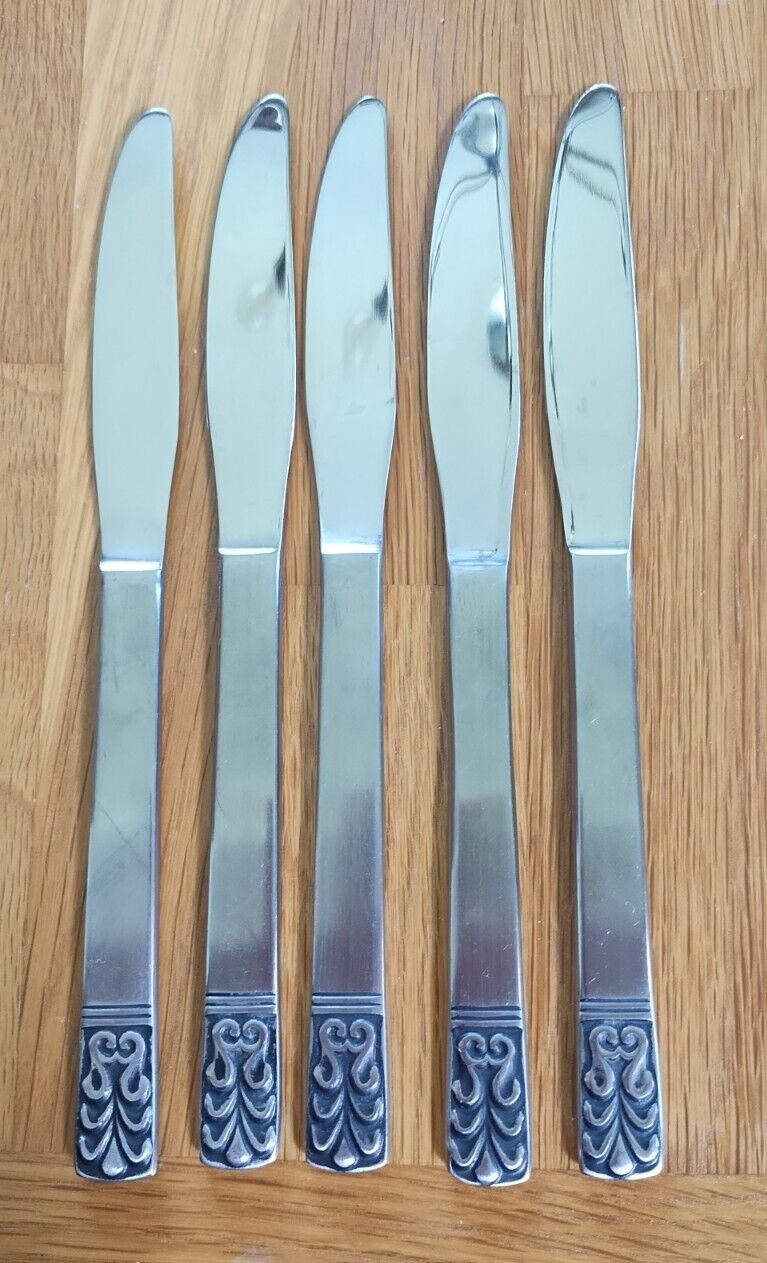 5 Dinner Knives Carlyle CAMEO Stainless JH Hong Kong Vintage MCM Flatware
