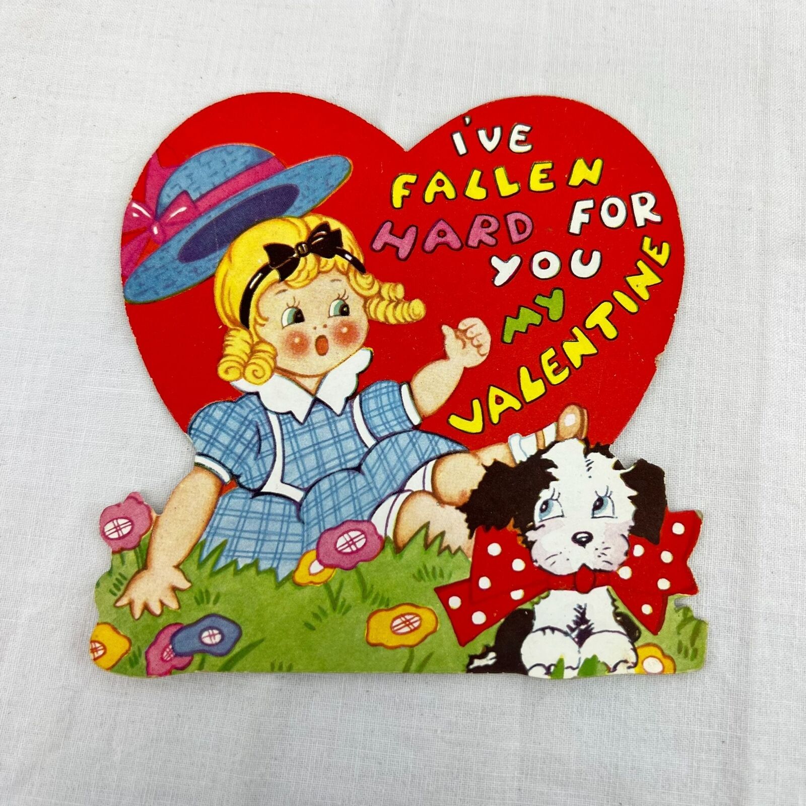 Vtg 1930s 1935 Valentine\'s Day Holiday Dog Girl Heart Card
