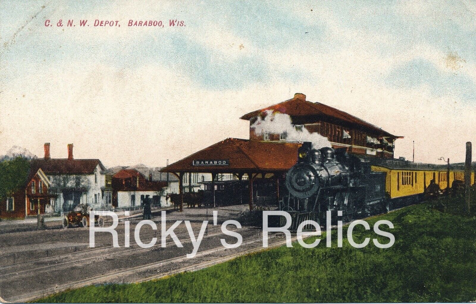 Color Postcard BARABOO WI Depot/Station CNW Steam Chicago North Western 1900’s