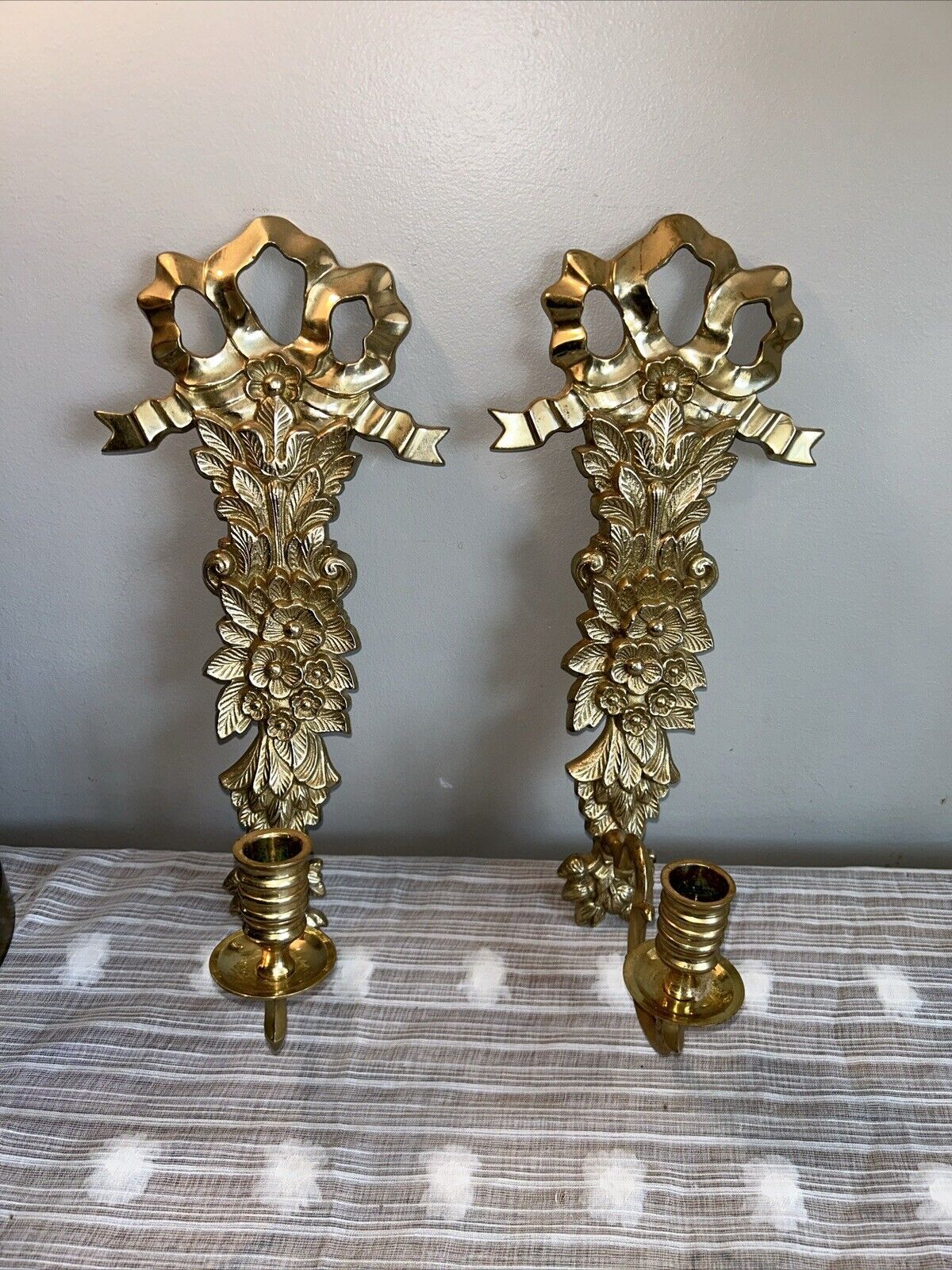 Vtg Brass Ribbon And Flowers Wall Sconces 14 In H
