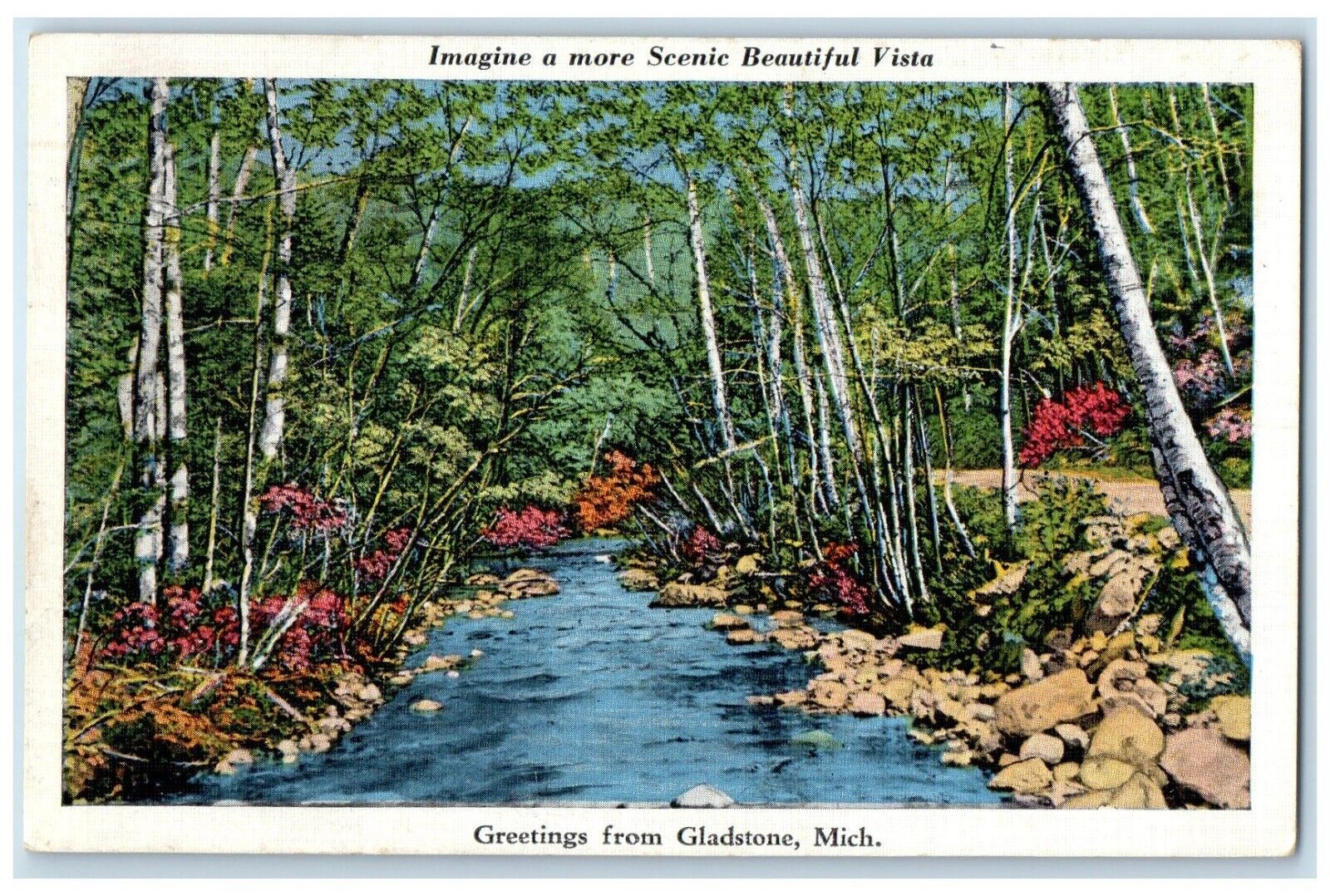 1938 Scenic Beautiful Vista Greetings from Gladstone Michigan MI Postcard