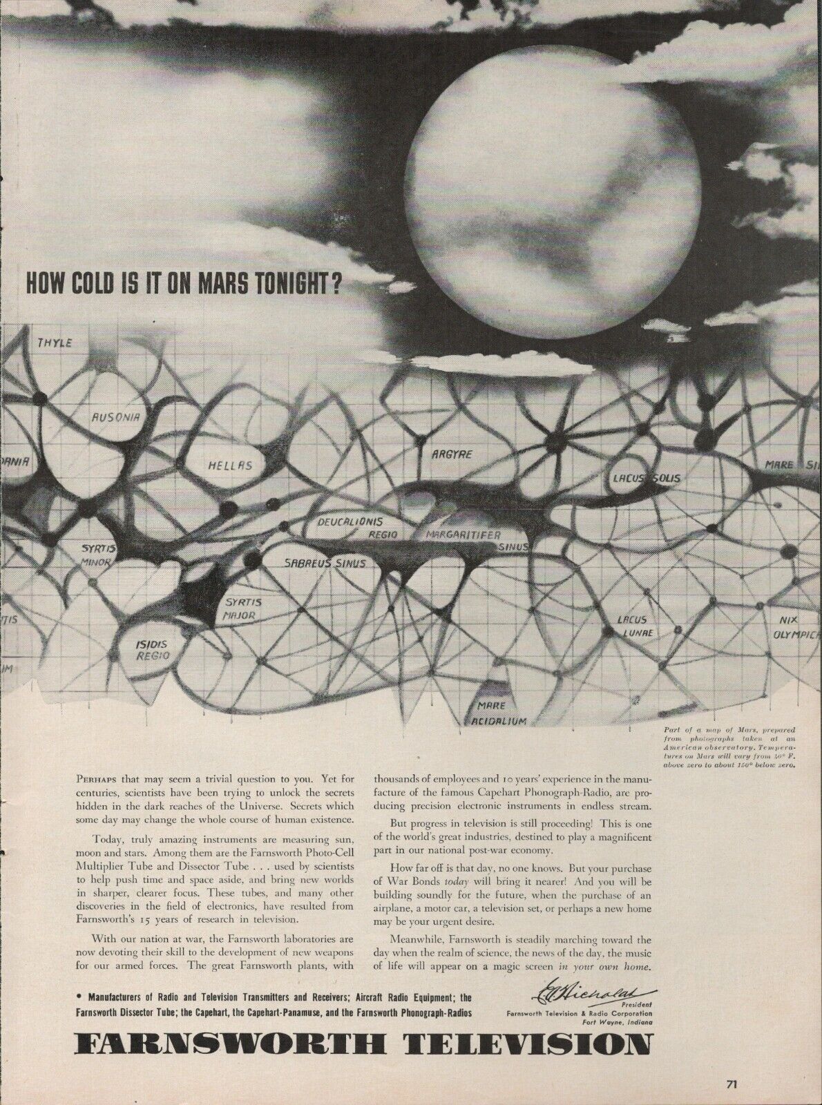 1942 Farnsworth Television How Cold Is It On Mars Tonight Vintage Print Ad