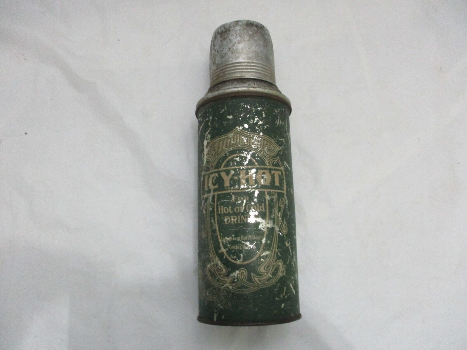 Metal Thermos Icy - Hot Bottle Co  Green Antique Vintage-Missing Cork Read Despt