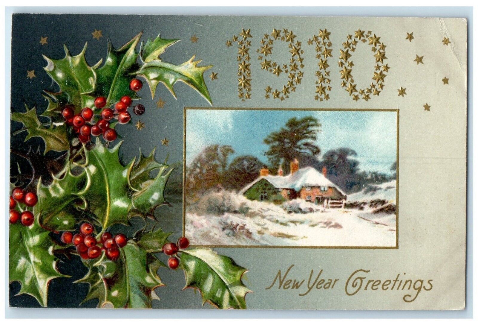1910 New Year Greetings House Winter Scene Holly Berries Winsch Back Postcard