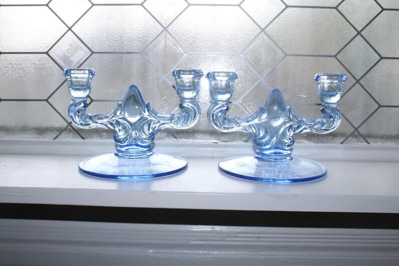 2 Elegant Cambridge Midnight Blue Glass Candle Holders Vintage Candelabra