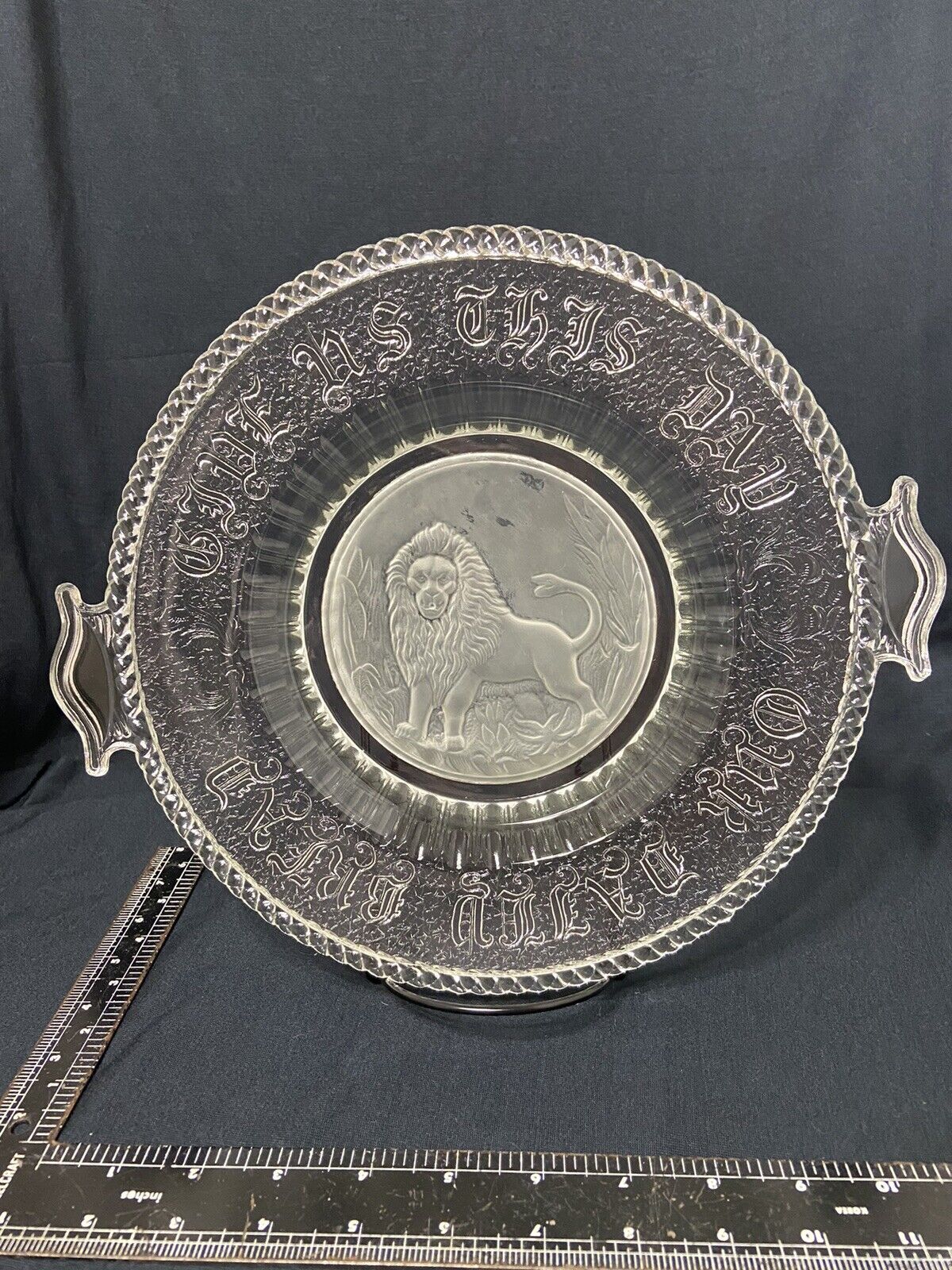 VINTAGE GILLINDER FROSTED LION HANDLED PLATE GIVE US THIS DAY OUR DAILY BREAD