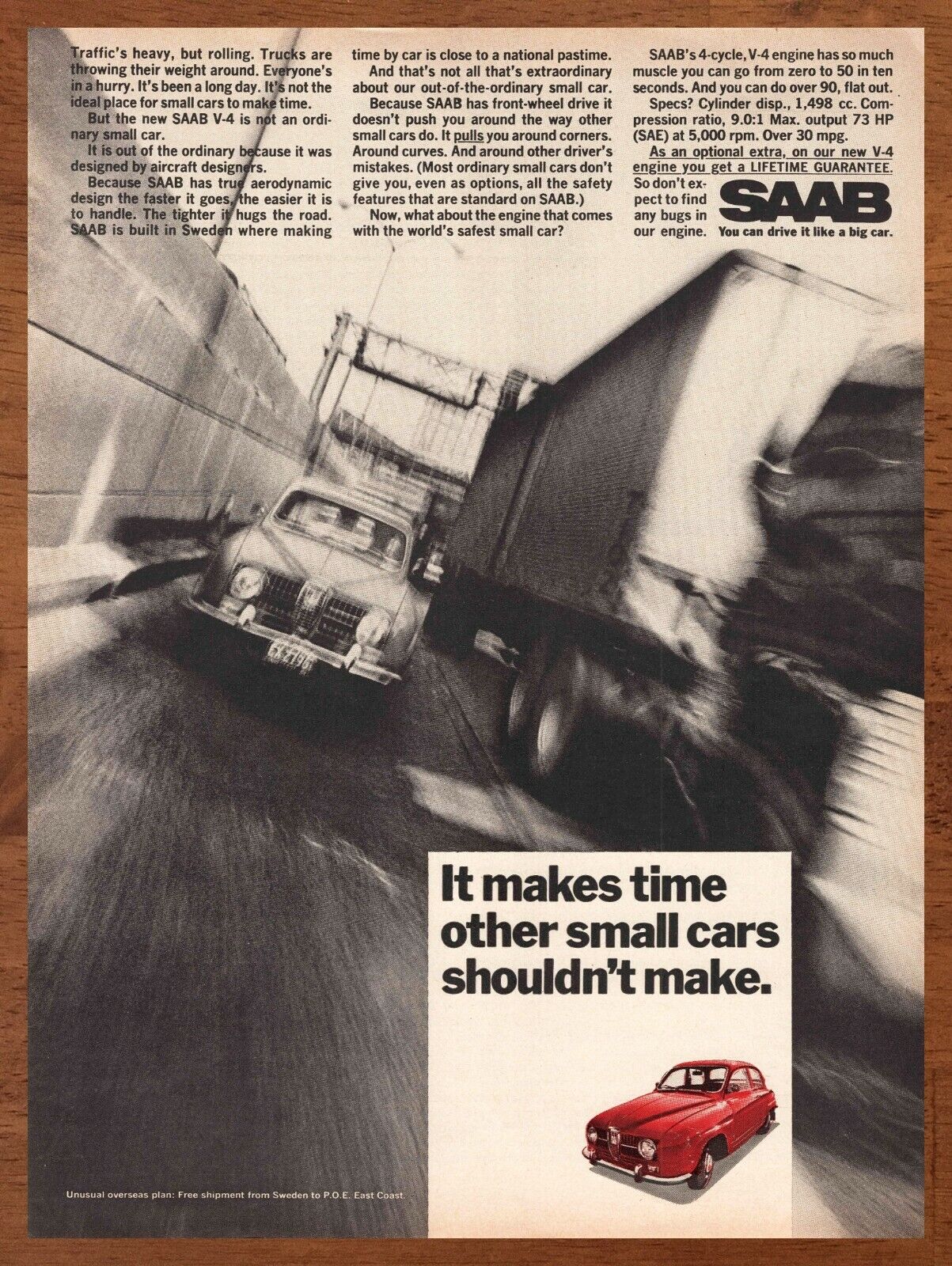1967 SAAB V-4 Vintage Print Ad/Poster 60s Retro Car Truck Man Cave Bar Art Décor