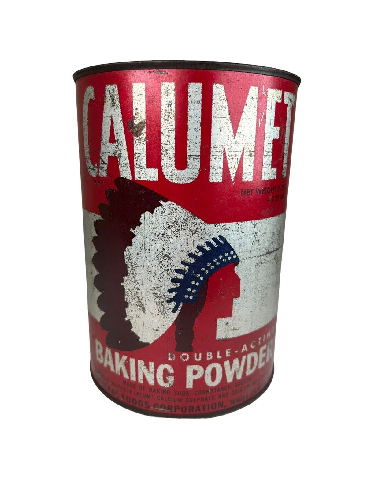 Vintage Calumet Baking Powder Tin 5 Lb with Lid Red/White/Blue Indian Chief