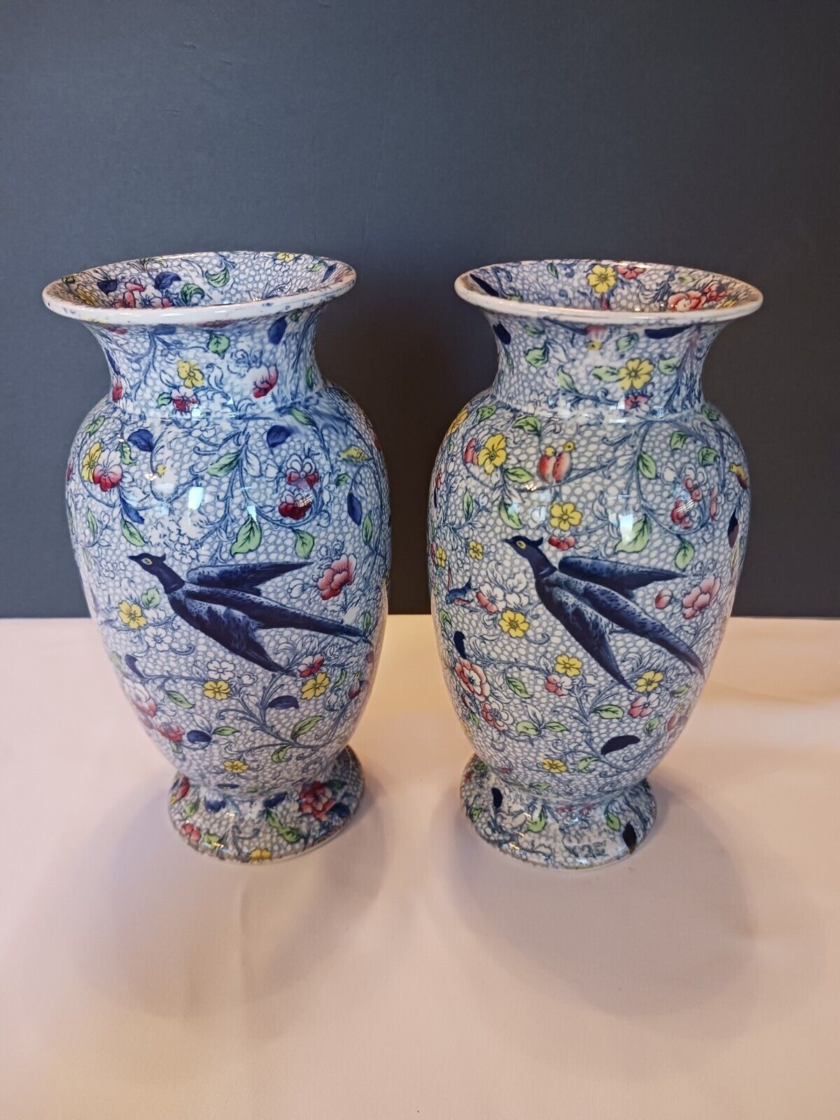 Antique Late 1800s Early 1900s BRIDGWOOD And Sons Chintz Blue Bird Vase Lot Engl