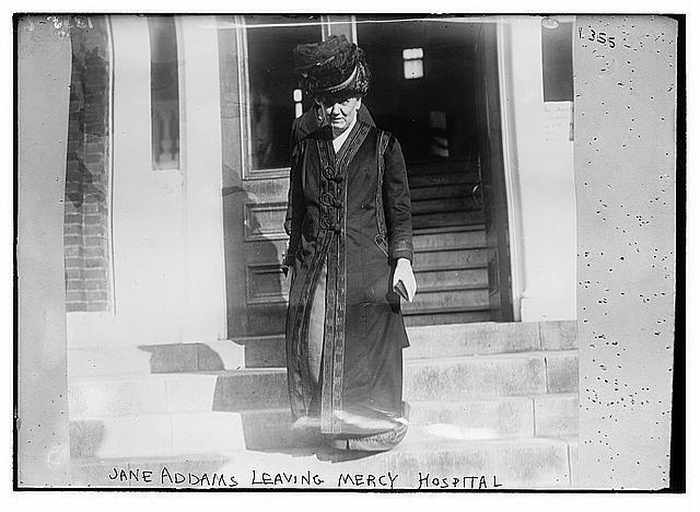 Jane Addams leaving Mercy Hospital,1860-1935,founder of Hull House in Chicago