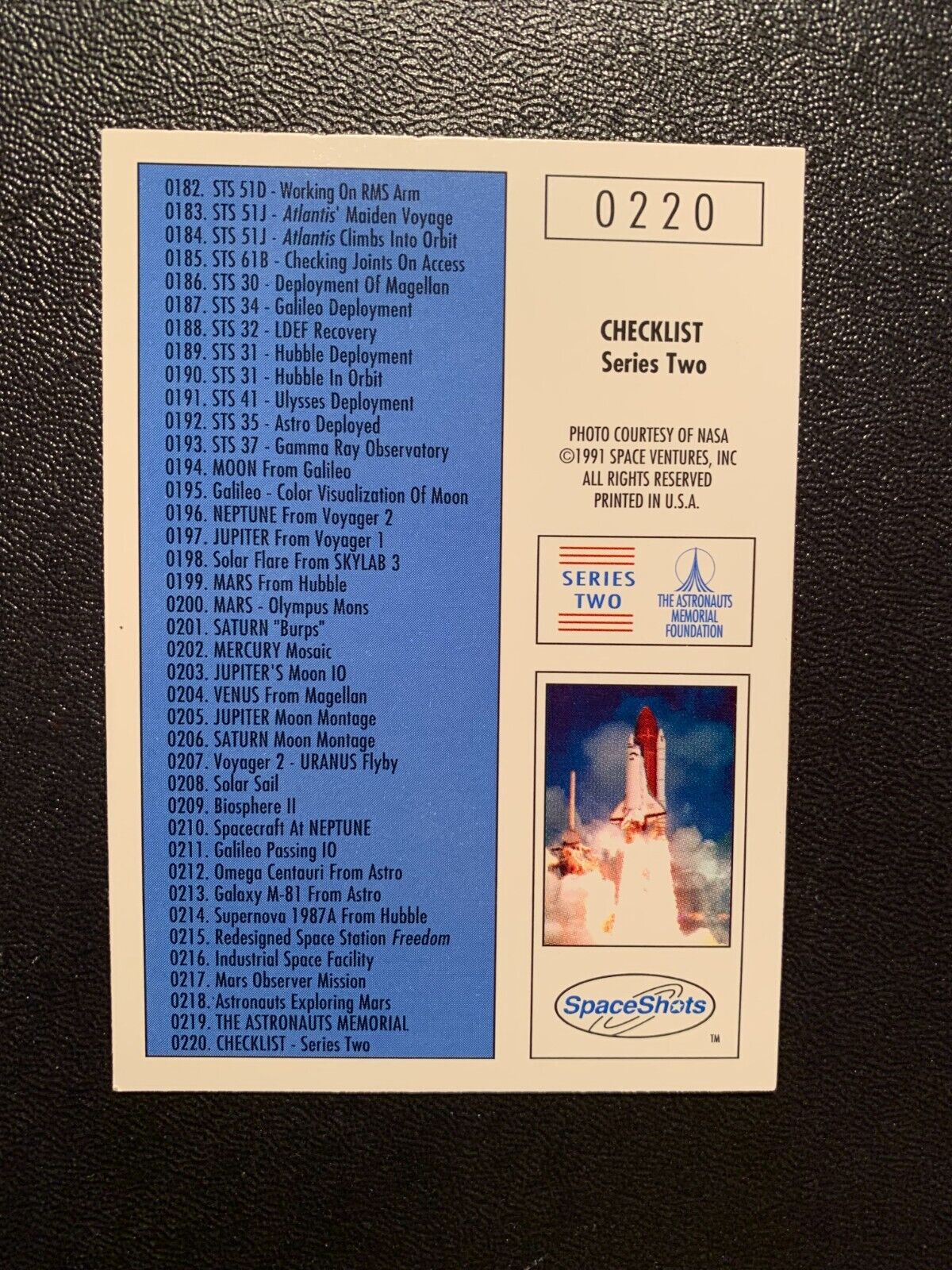 SPACESHOTS  CHECKLIST  Card 1991 Space Ventures SERIES TWO