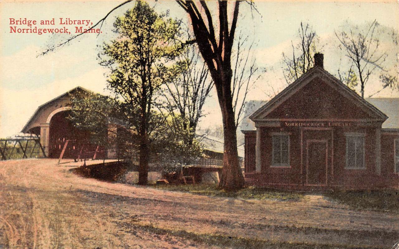 Norridgewock, ME Maine  COVERED BRIDGE & LIBRARY  Somerset Co  ca1910's Postcard