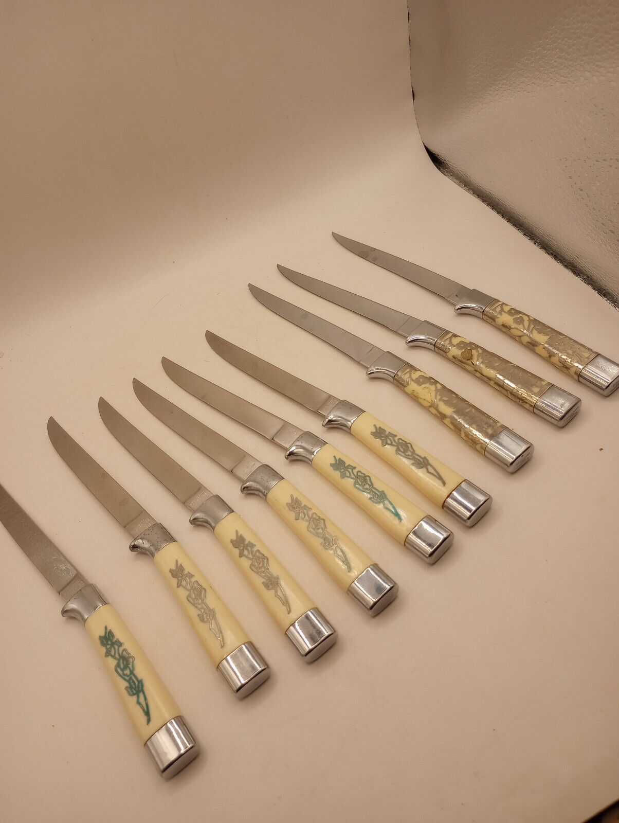 Royal Brand Cutlery Bone Handles Silver Floral Inlay Stainless Steel Vintage