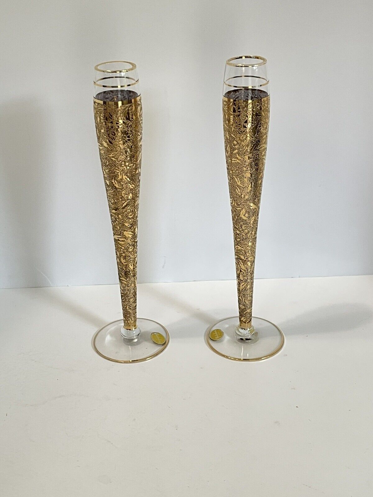 Glastonbury Gold Lotus Tall Champagne Flutes Gold Encrusted Floral Pattern ~Pair