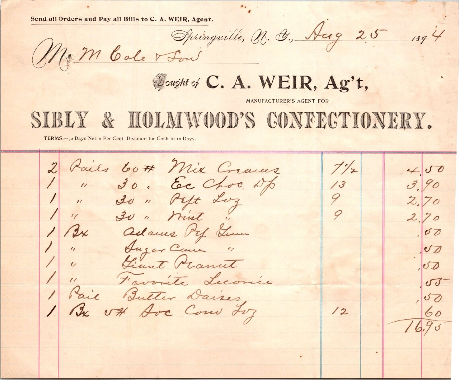 Sibly & Holmwood\'s Confectionery Springville NY 1894 Billhead C Weir