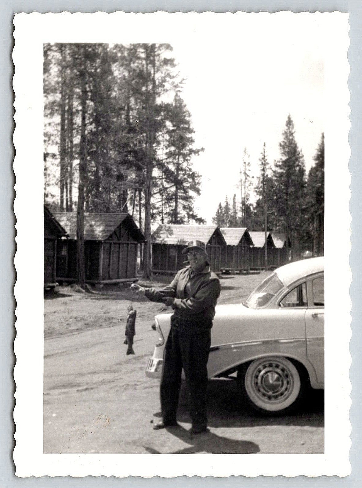 Photograph Yellowstone Park Trout Fishing Chevy Automobile Man Cabins 1950\'s