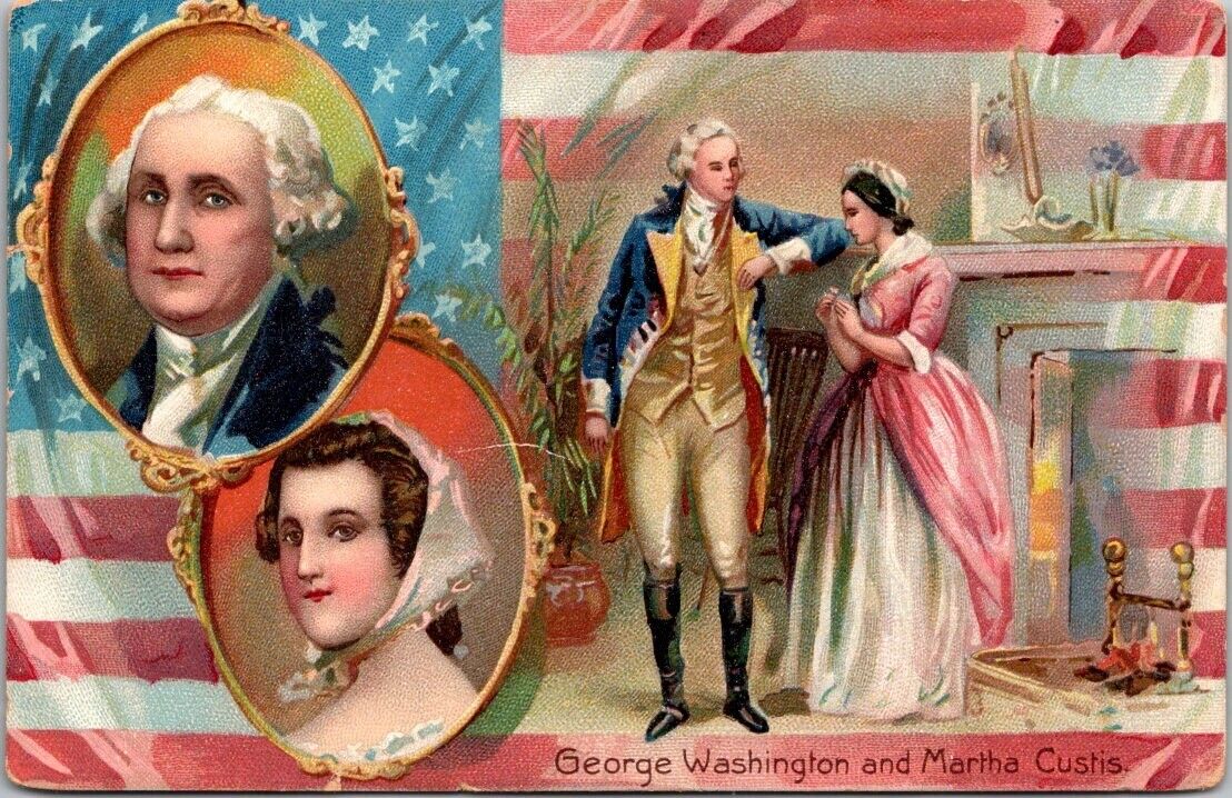 Patriotic George Washington and Martha Custis Tuck Antique Postcard Vintage