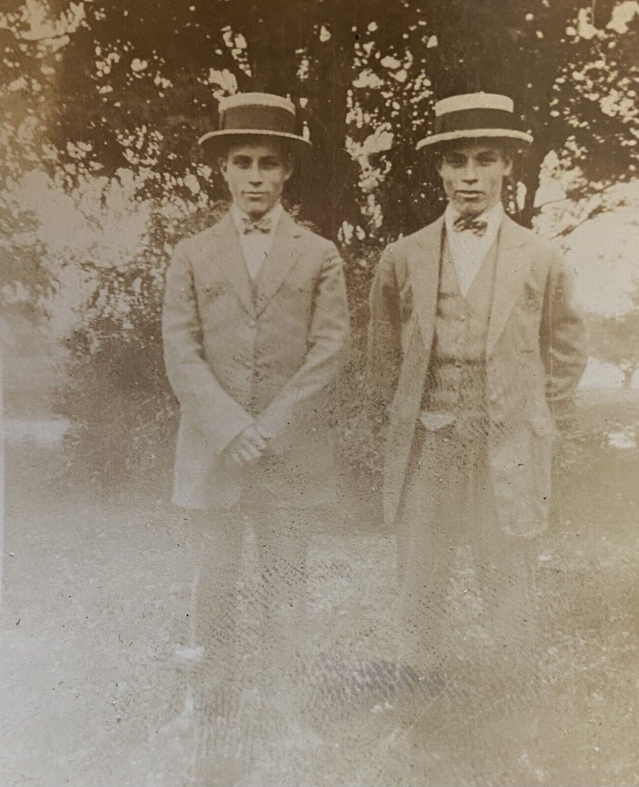 Twins 1925 Handsome Young Men in Suits & Boater Hats Small Antique Vintage Photo