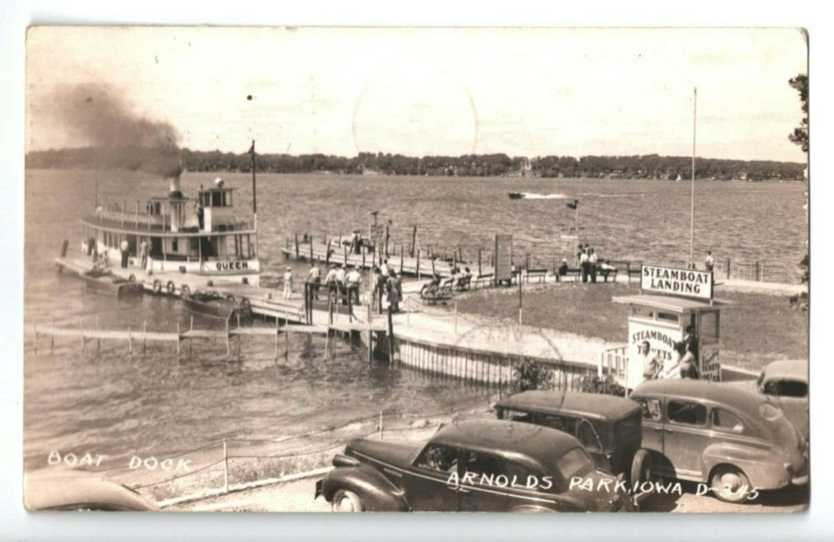 1944 Postcard Arnolds Park Iowa Steamboat Queen Dock Landing Tickets WWII RPPC