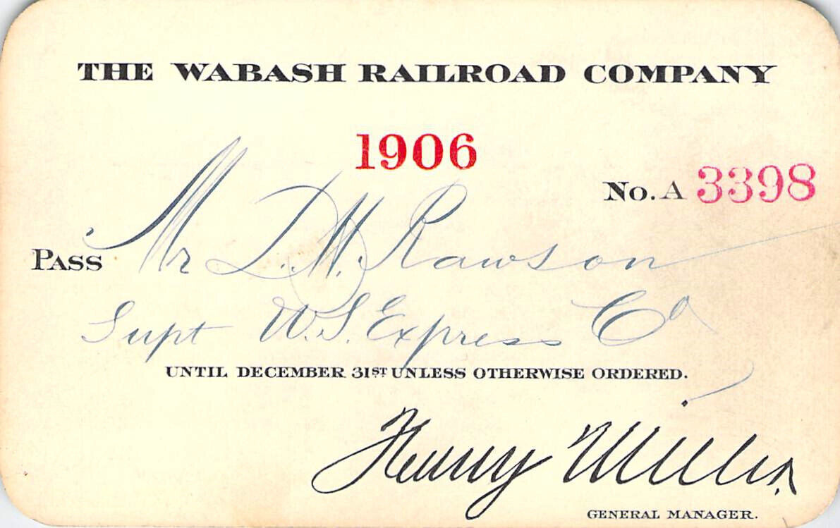 WABASH 1906 U S  EXPRESS AGT  RAILROAD RR RY RAILWAY PASS