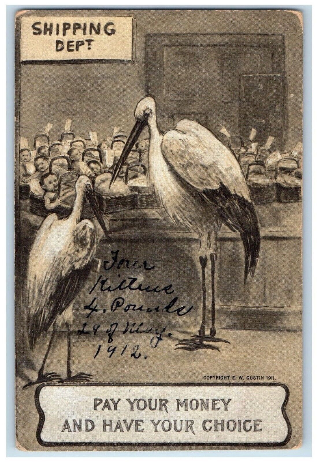c1910's Stork Birth Shipping Dept. Embossed Winsch Back Embossed Postcard