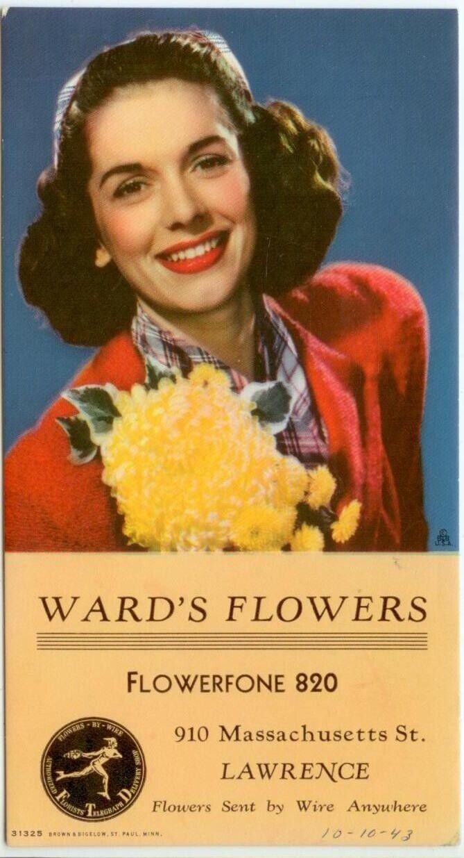gorgeous 1943 Lawrence Kansas Ward\'s Flowers FTD ad blotter 910 Massachusetts