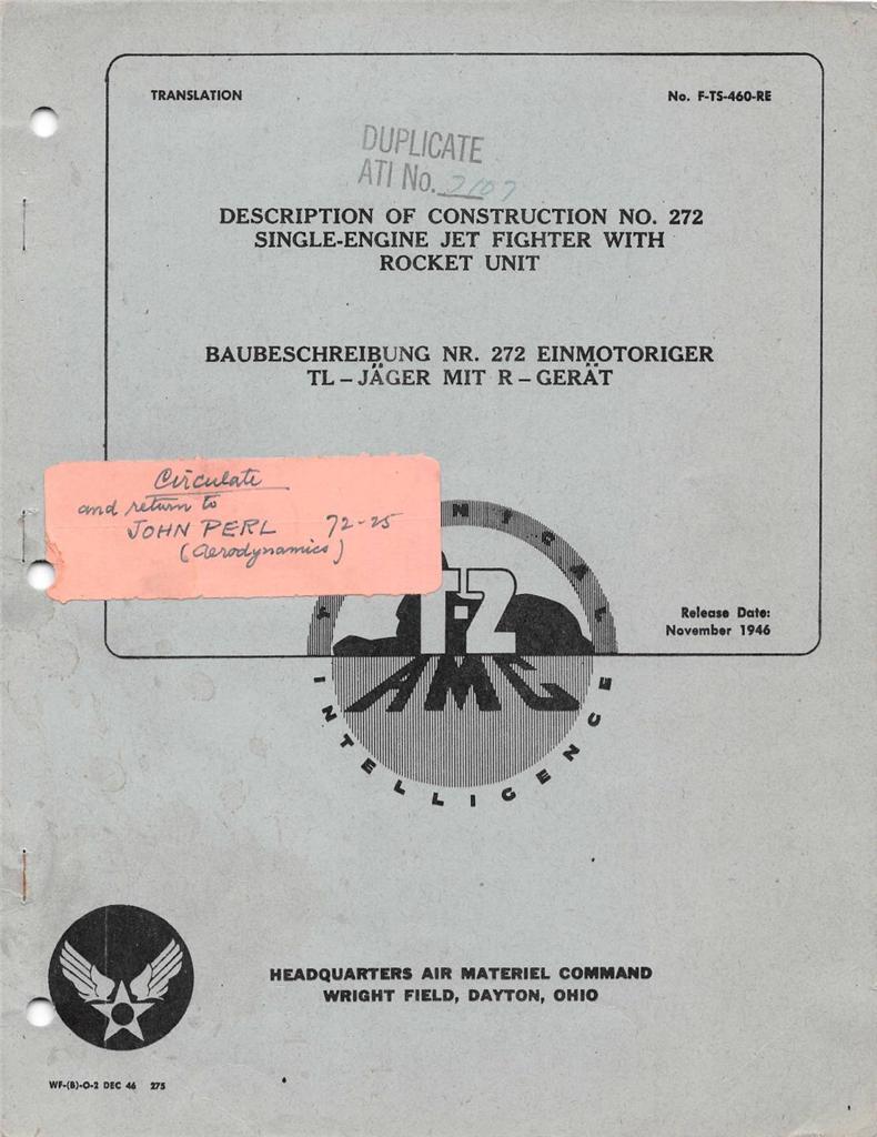 1946 AAF T-2 REPORT- DESCRIPTION OF CONST OF SINGLE ENGINE JET W/ROCKET UNIT-CD