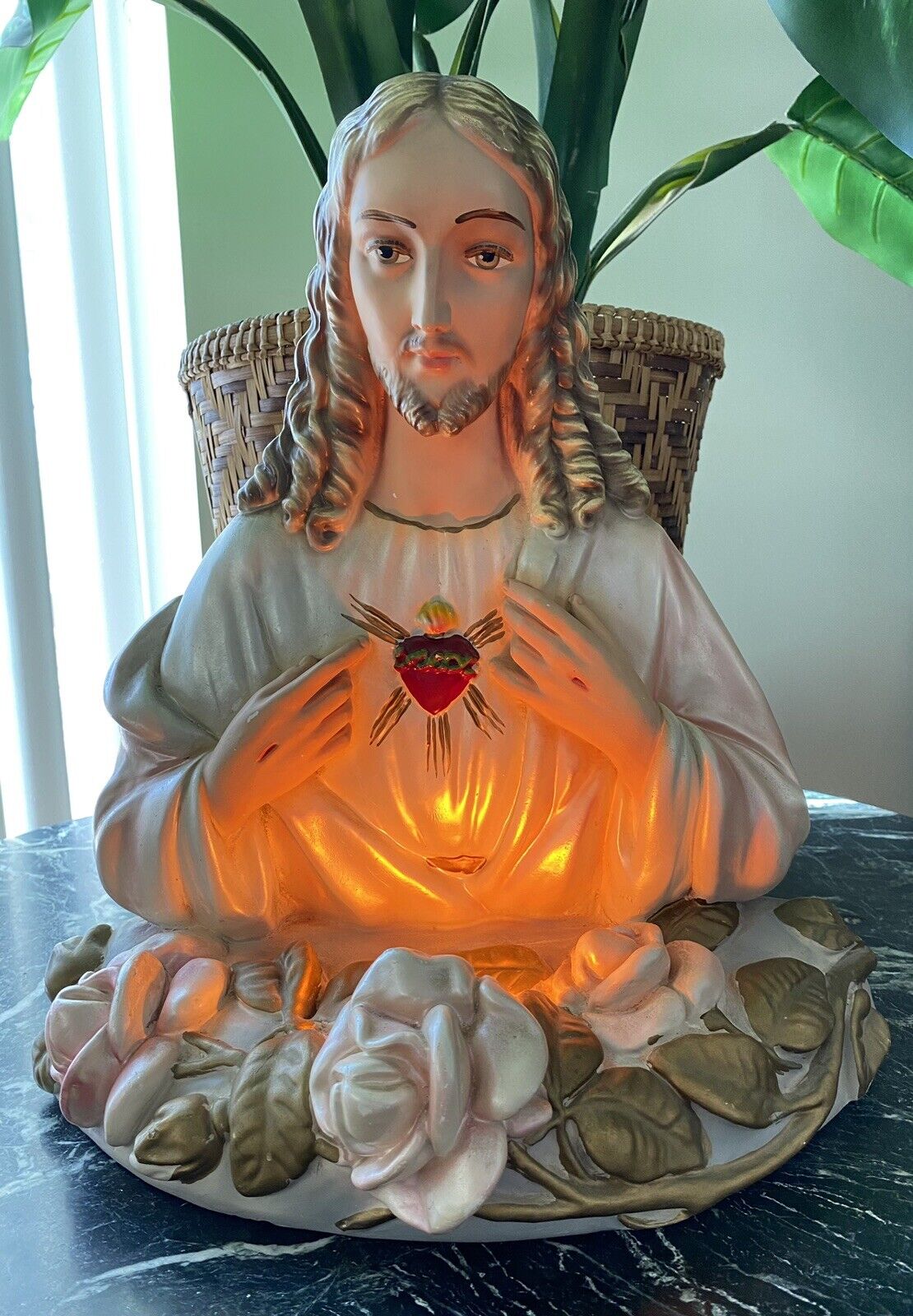 Vintage 1950’s Chalkware Jesus Sacred Heart Table Lamp Tattoo Mcm Religious Art