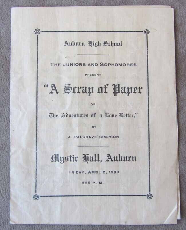Antique 1909 Auburn High School WA Play Program Jr & Sr A SCRAP OF PAPER