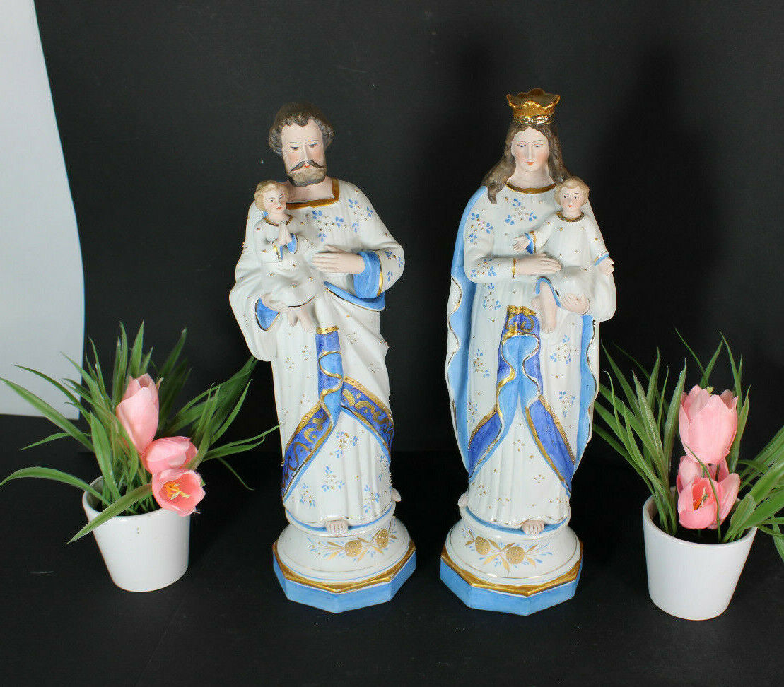 pair antique french bisque porcelain mary joseph statue figurine religious saint