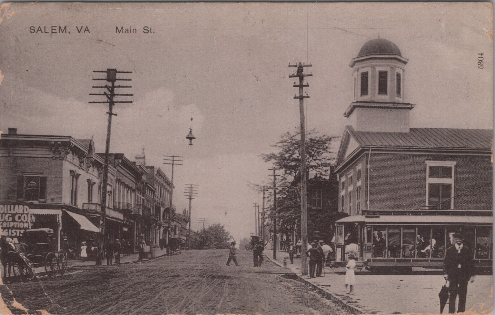 Main Street, Salem, Virginia c1910s Postcard Trolley, Horses Carrigages 6682d2