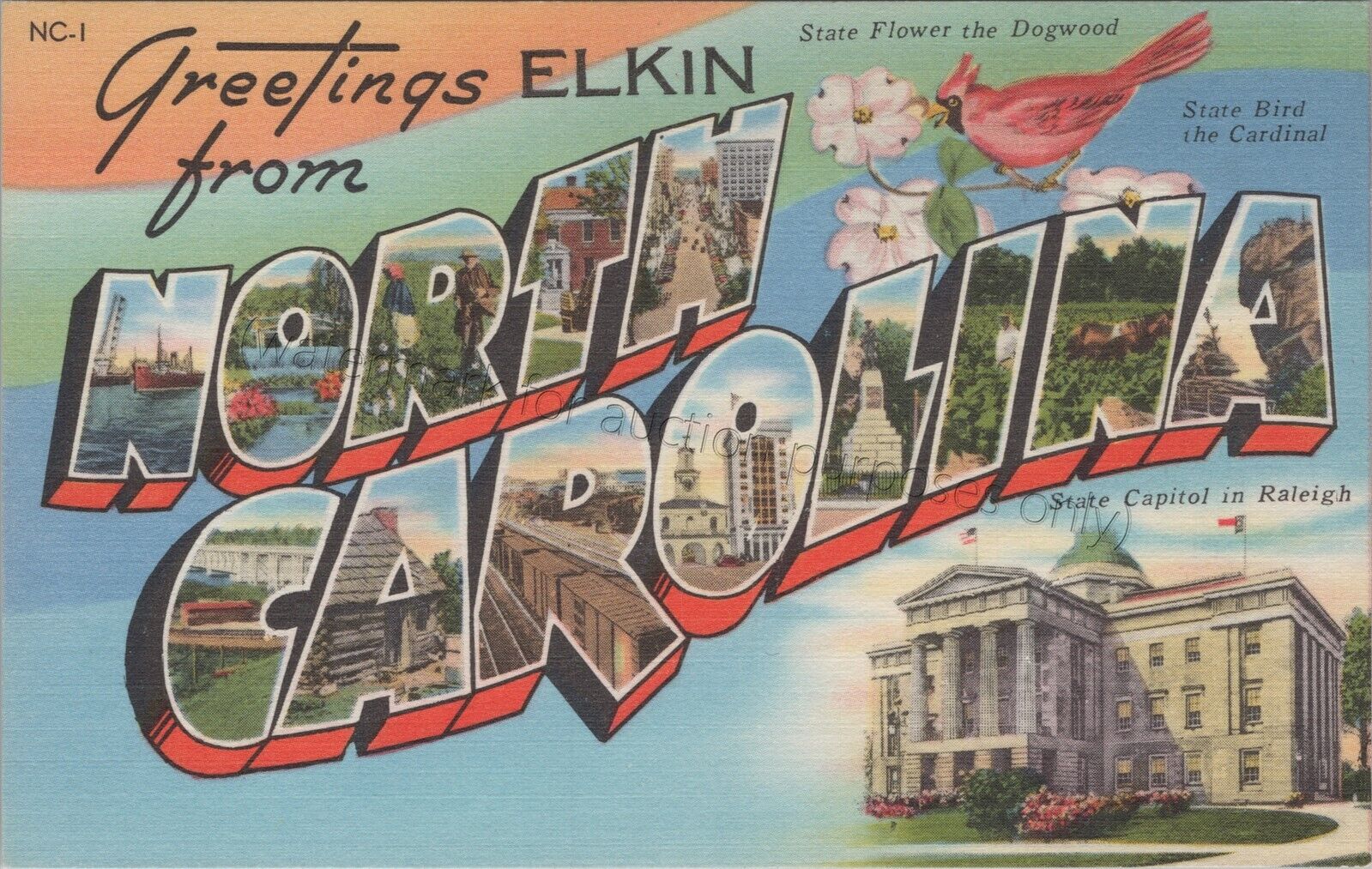 Elkin, NC: Large Letter *unused* vintage North Carolina linen Greetings postcard