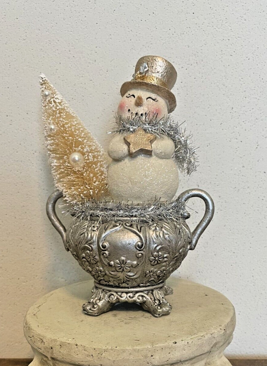 Snowman with Bottle Brush Tree in Silver Urn figurine, 7\