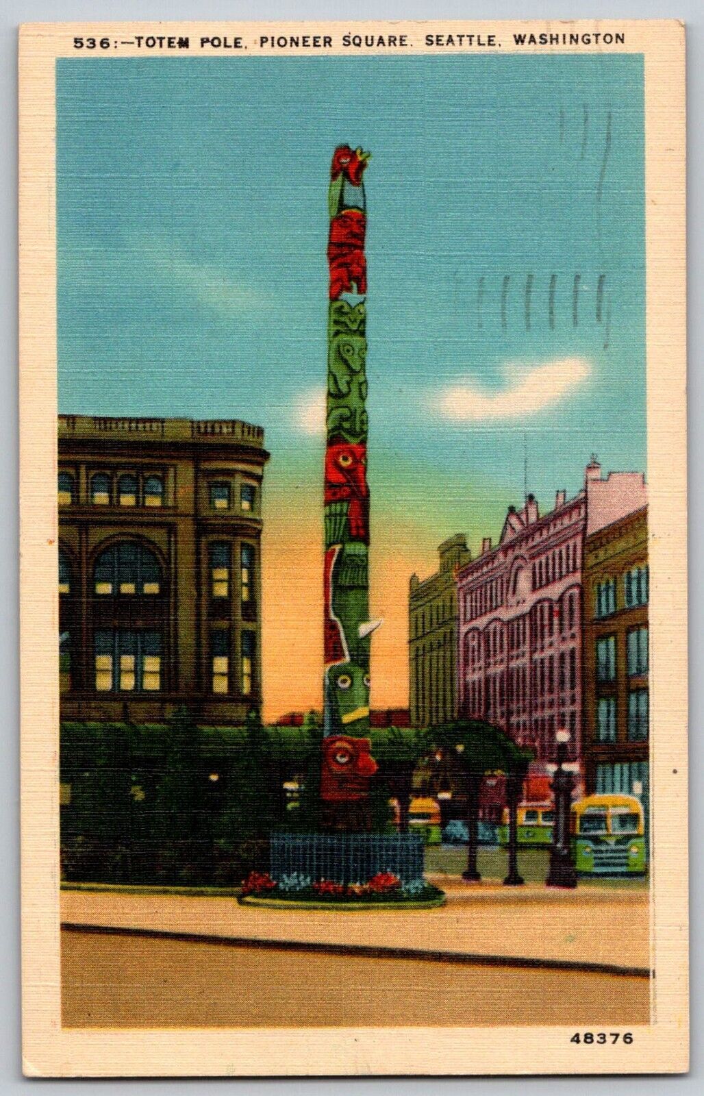 Vintage Linen Postcard - Totem Pole Pioneer Square Seattle WA - Posted 1945