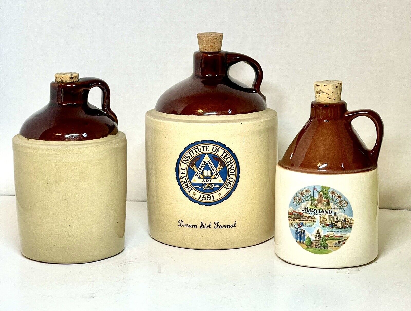 Vintage Whiskey Jugs With Corks ~ Lot Of Three ~ All Are Made In The USA