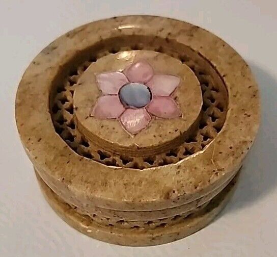 Vintage Hand Carved Soapstone Oval Trinket or Ring Box with Inlaid Flower Design