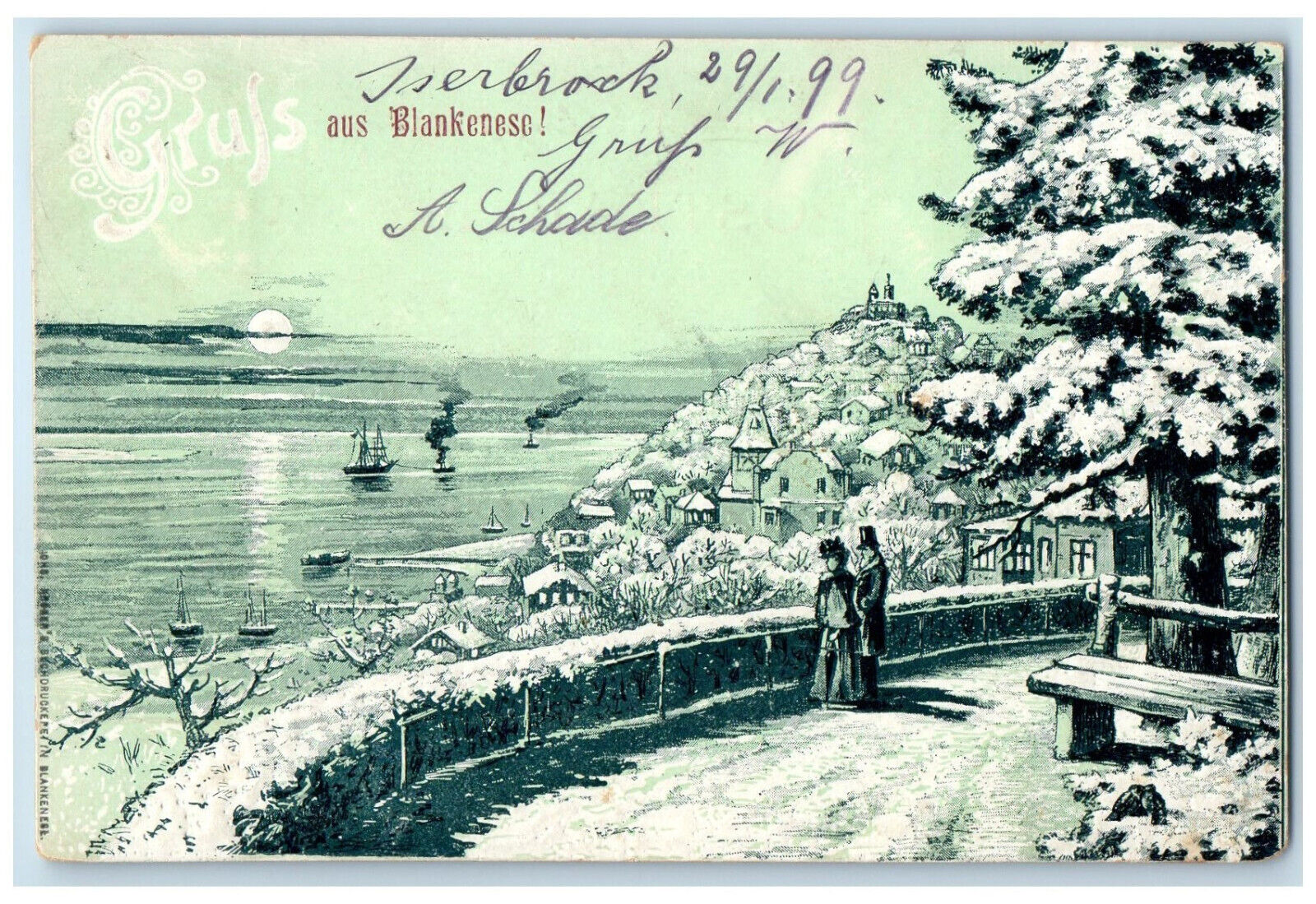 1899 Greetings from Blankenese Hamburg Germany Sailboat Moonlight Postcard