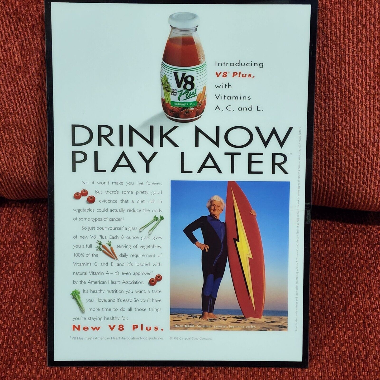 RARE Drink Now Play Later V8 Plus Ad Ruth Rand 1996