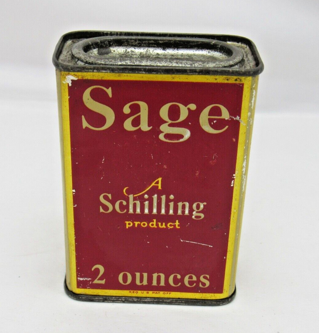Vintage SCHILLING SAGE Spice Tin Metal Seasoning Empty Box Red