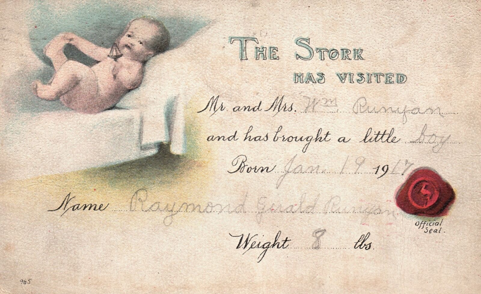 Vintage Postcard 1917 Birth Announcement Baby Boy The Stork Has Arrived