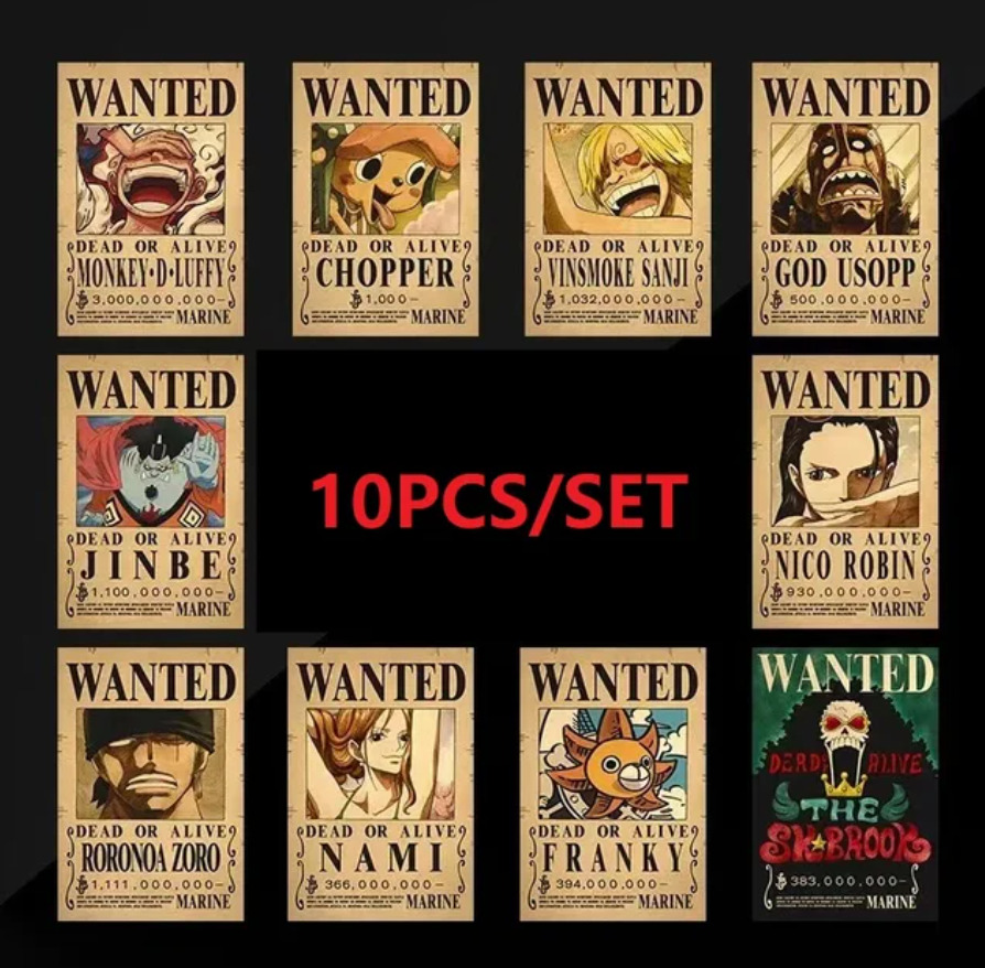 10PCS Anime Luffy Straw Hat Pirates One Piece Wanted Posters After Wano Bounties