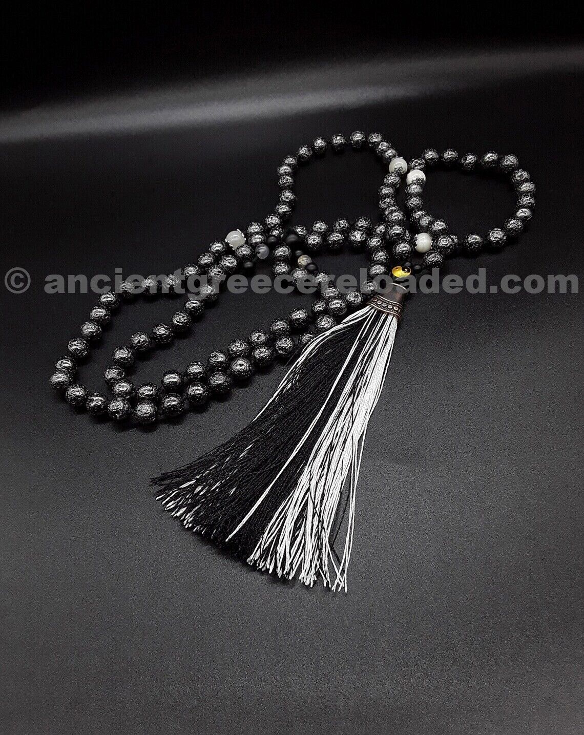 The Lava Moonstone 108 Zen Mala Tassel Necklace, Yoga Wrap Bracelet, Feng Shui