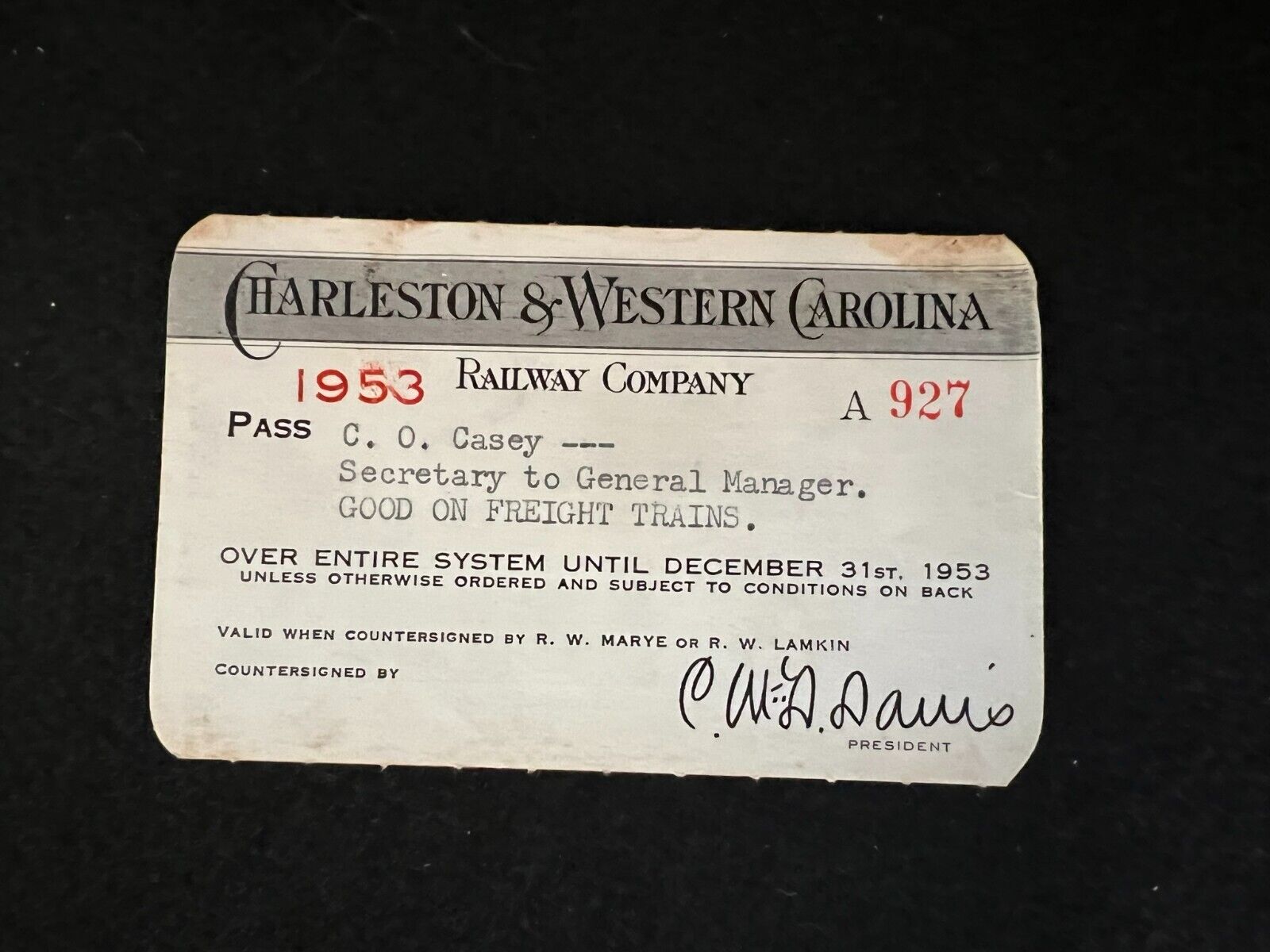 Vintage 1953 Charleston & Western Carolina Railway Company Entire System Pass