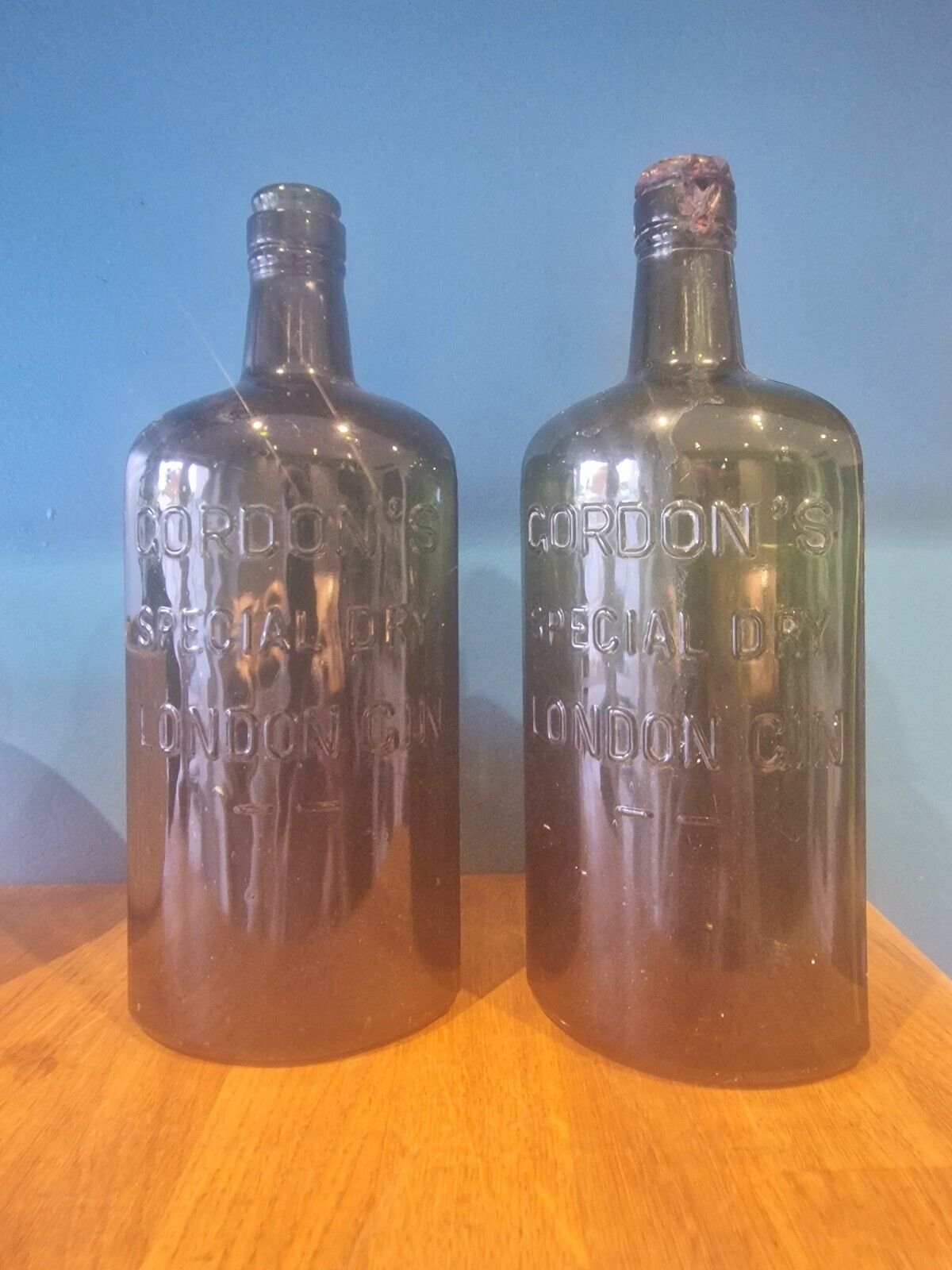 Rare Collectable Vintage Gordon’s Gin Green Glass Bottle  X2, Home Decor Styling